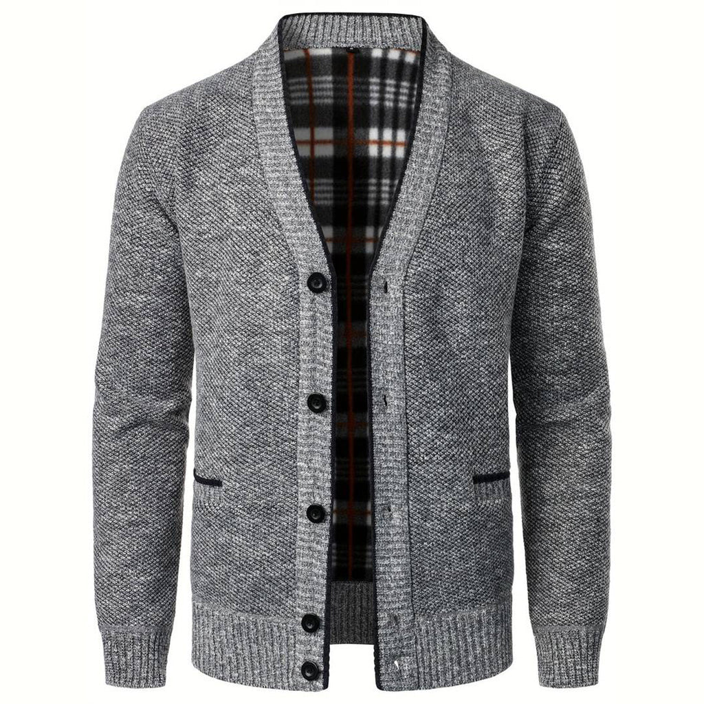 Men's Black Cardigan with Plaid Lining and Button-Up Front 0