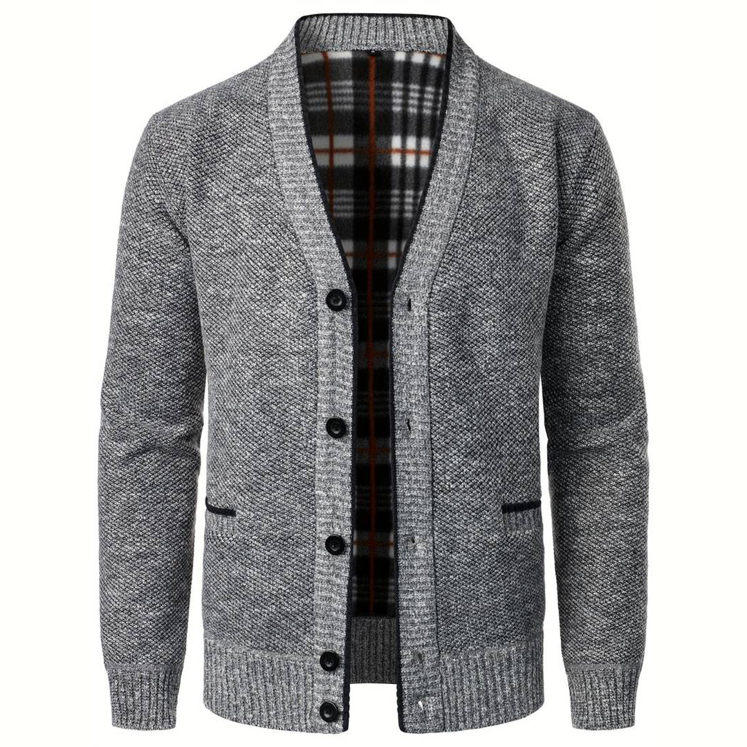Men's Black Cardigan with Plaid Lining and Button-Up Front 0