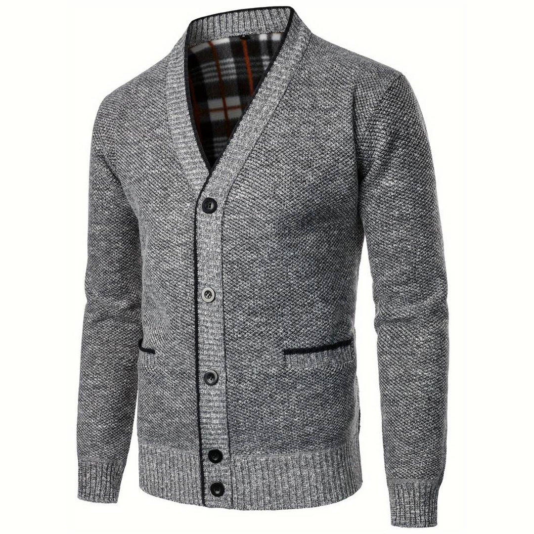 Men's Black Cardigan with Plaid Lining and Button-Up Front 2