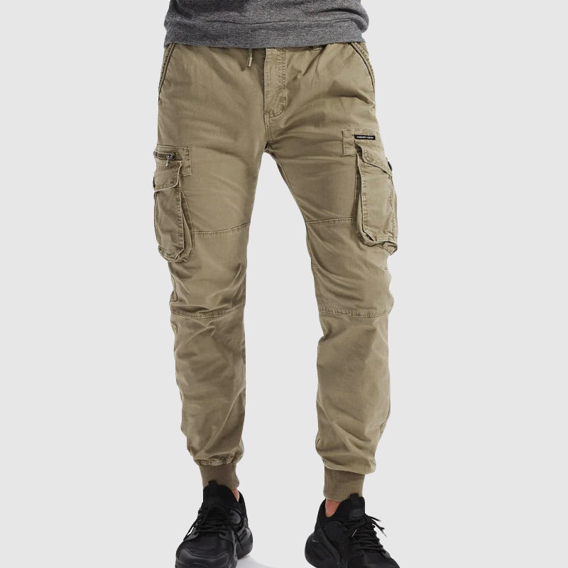 Men's Black Cargo Trousers with Elastic Cuffs and Multi-Pocket Design 1