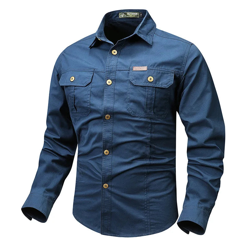 Men's Classic Collar Long-Sleeve Button-Up Dress Shirt with Chest Pockets 2