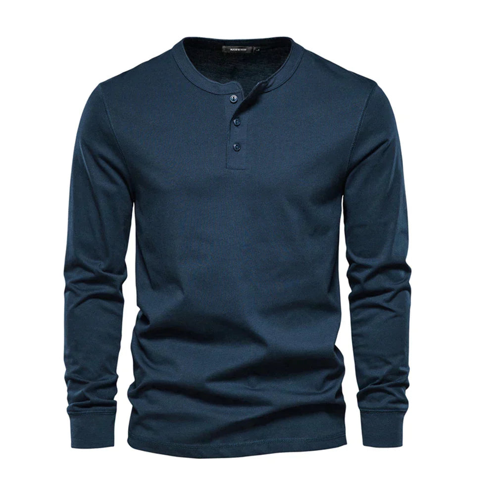 Men's Cotton Blend Long Sleeve Henley Shirt with Three-Button Placket 0
