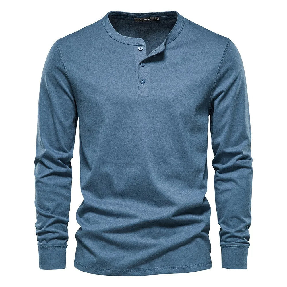Men's Cotton Blend Long Sleeve Henley Shirt with Three-Button Placket 1