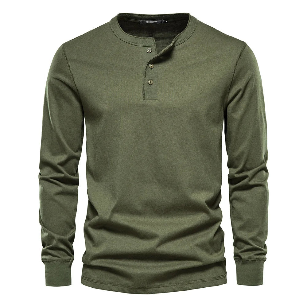Men's Cotton Blend Long Sleeve Henley Shirt with Three-Button Placket 3
