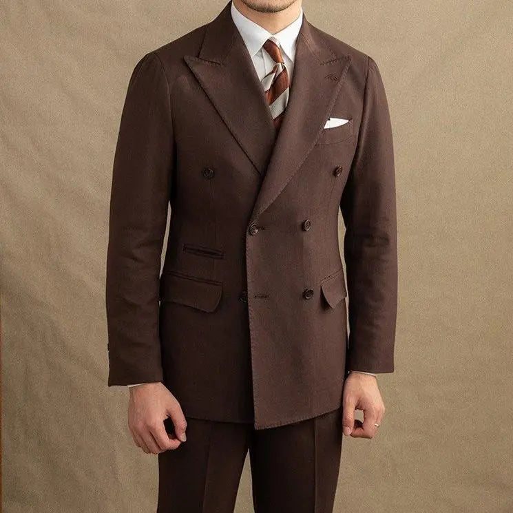 Men's Double Breasted Suit Set with Peak Lapel Jacket and Straight-Leg Trousers for Formal Occasions 2