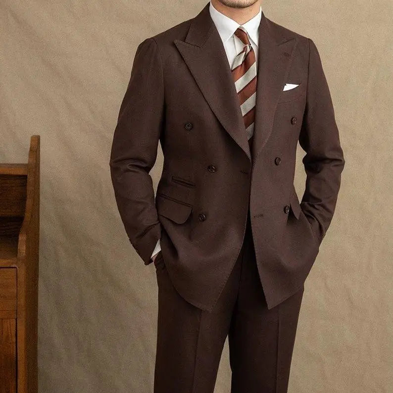 Men's Double Breasted Suit Set with Peak Lapel Jacket and Straight-Leg Trousers for Formal Occasions 4