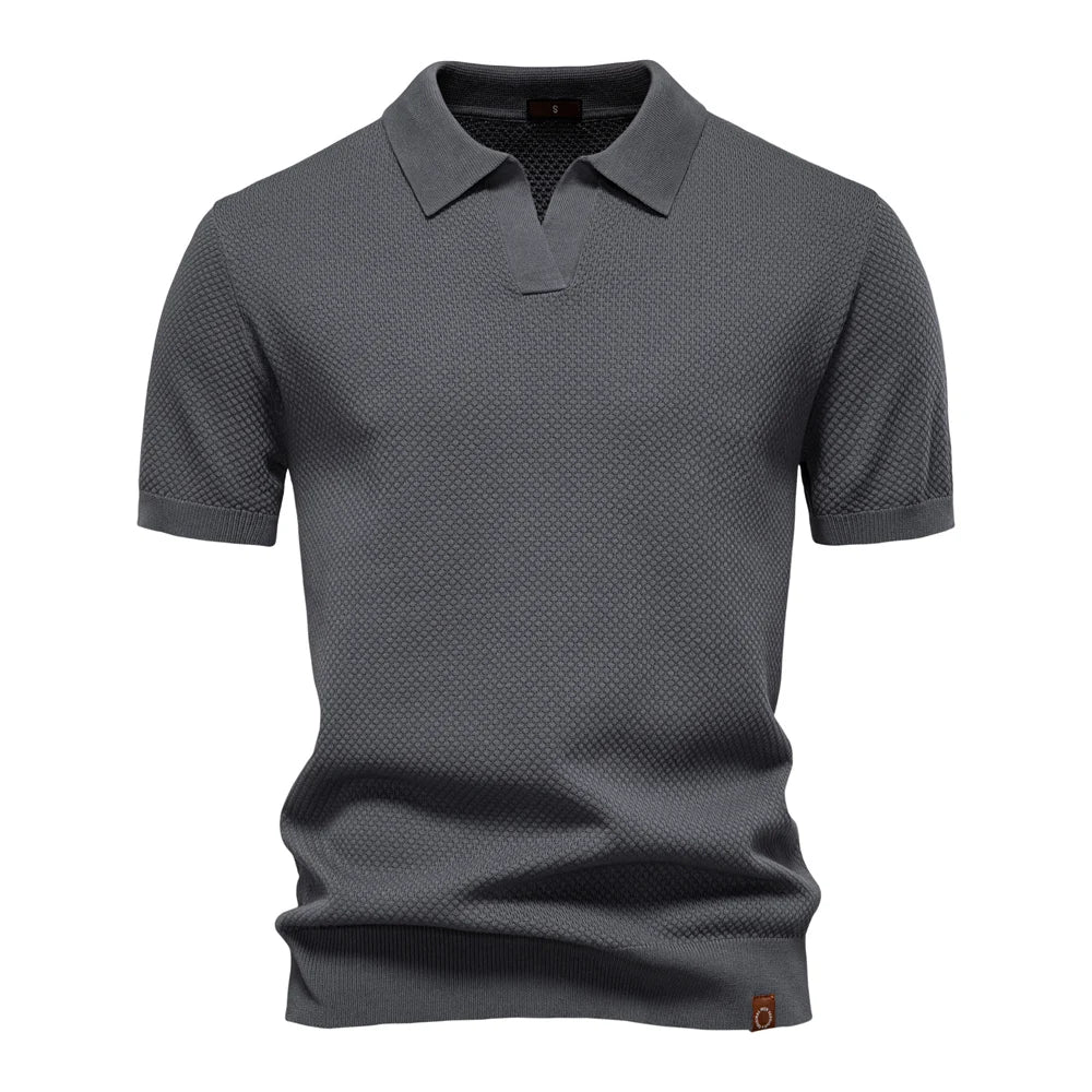 Men's Short-Sleeve Textured Knit Polo Shirt with Split Neckline and Ribbed Hem 2