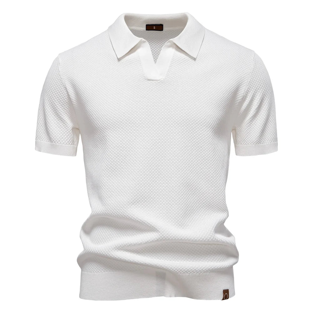 Men's Short-Sleeve Textured Knit Polo Shirt with Split Neckline and Ribbed Hem 7