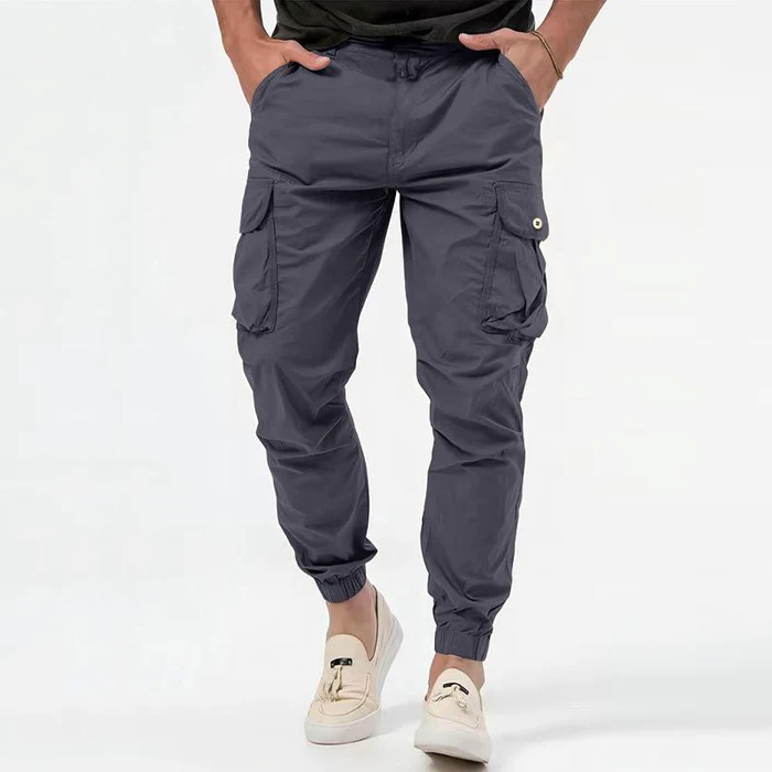 Men's Tapered Black Cargo Pants with Elastic Cuffs and Side Pockets 0