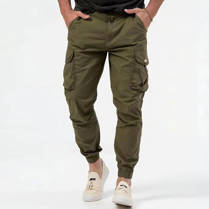 Men's Tapered Black Cargo Pants with Elastic Cuffs and Side Pockets 4