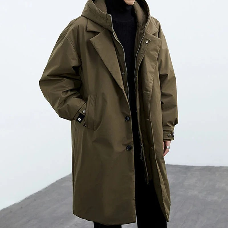 Men's Waterproof Long Puffer Coat with Hood - Stylish Trench Coat for Cold Weather 0